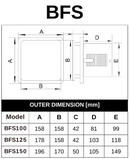STERR BFS bathroom fan dimensions chart - 100, 125 and 150 mm models