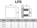 STERR LFS bathroom fan dimensions chart - 100, 120 and 150 mm models